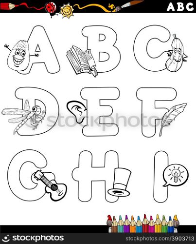 Black and White Cartoon Illustration of Capital Letters Alphabet with Objects for Children Education from A to I for Coloring Book