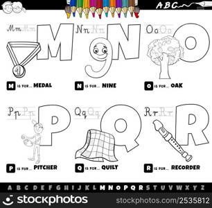 Black and white cartoon illustration of capital letters from alphabet educational set for reading and writing practise for children from M to R coloring book page