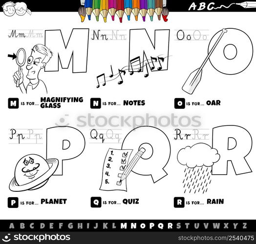 Black and white cartoon illustration of capital letters from alphabet educational set for reading and writing practise for children from M to R coloring book page