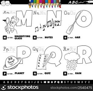 Black and white cartoon illustration of capital letters from alphabet educational set for reading and writing practise for children from M to R coloring book page