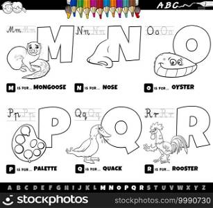 Black and white cartoon illustration of capital letters from alphabet educational set for reading and writing practise for kids from M to R coloring book page
