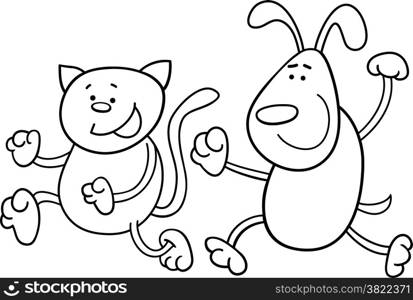 Black and White Cartoon Illustration of Cat and Dog Playing Tag for Coloring Book