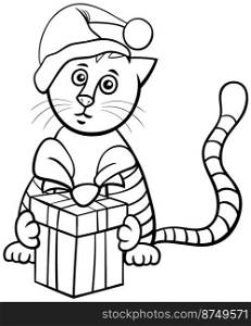 Black and white cartoon illustration of cat character with gift on Christmas time coloring page