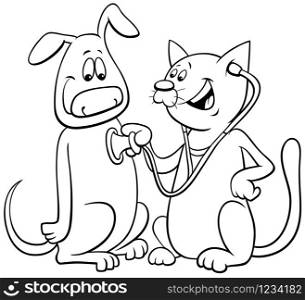 Black and White Cartoon Illustration of Cat Examining the Dog with a Stethoscope Coloring Book Page