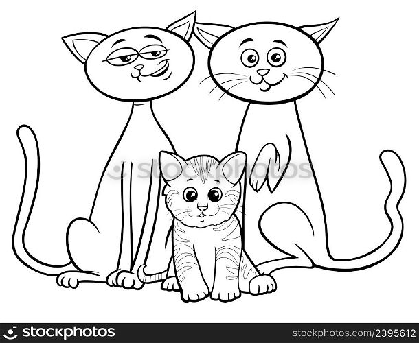 Black and white Cartoon illustration of cat family with little kitten animal characters coloring book page