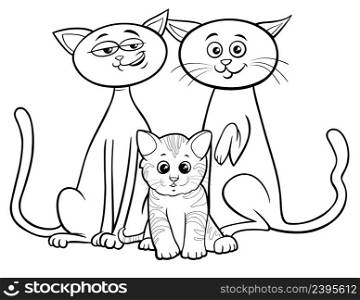 Black and white Cartoon illustration of cat family with little kitten animal characters coloring book page