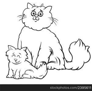 Black and white Cartoon illustration of cat mom and kitten animal characters coloring book page