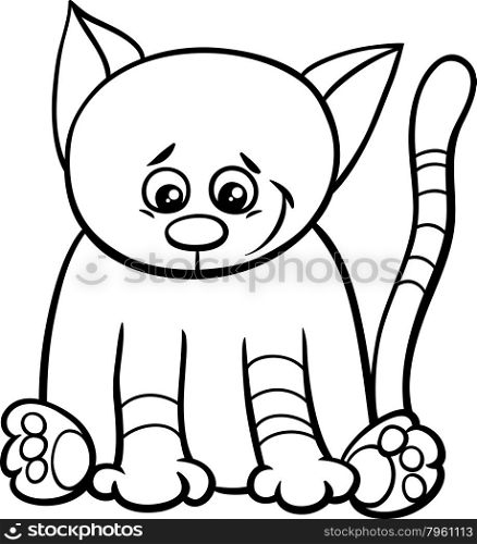 Black and White Cartoon Illustration of Cat or Kitten Animal Character for Coloring Book