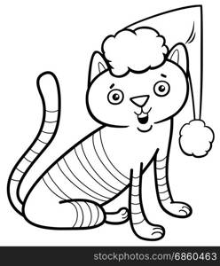 Black and White Cartoon Illustration of Cat or Kitten Animal Character on Christmas Time Coloring Book