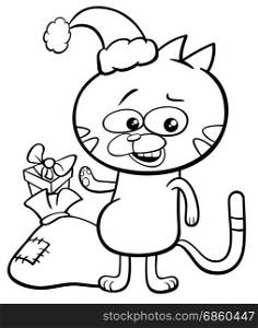 Black and White Cartoon Illustration of Cat or Kitten Animal Character with Sack of Presents on Christmas Time Coloring Book