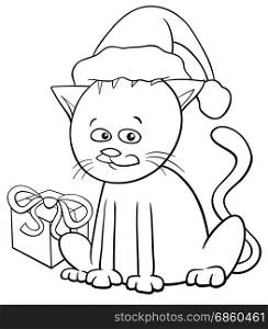 Black and White Cartoon Illustration of Cat or Kitten Animal Character with Gift on Christmas Time Coloring Book