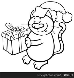 Black and White Cartoon Illustration of Cat or Kitten Animal Character with Christmas Gift Coloring Book
