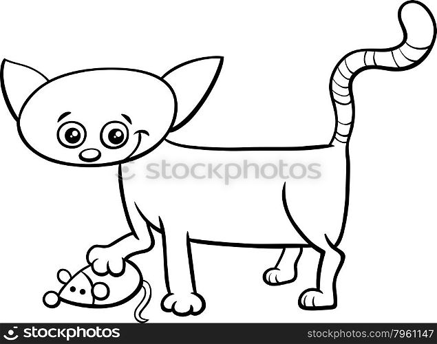 Black and White Cartoon Illustration of Cat or Kitten Animal Character with Toy Mouse for Coloring Book