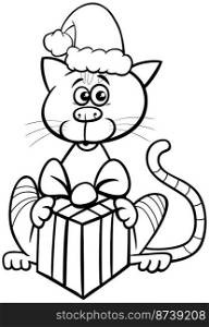 Black and white cartoon illustration of cat or kitten animal character with gift on Christmas time coloring page