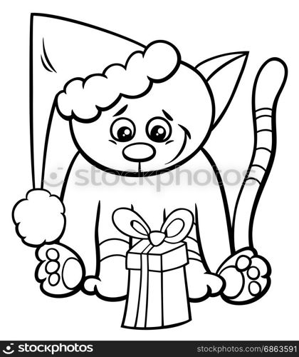 Black and White Cartoon Illustration of Cat or Kitten Funny Animal Character with Christmas Present Coloring Book