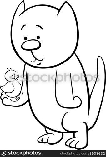 Black and White Cartoon Illustration of Cat or Kitten with Canary for Coloring Book