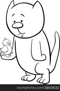 Black and White Cartoon Illustration of Cat or Kitten with Canary for Coloring Book