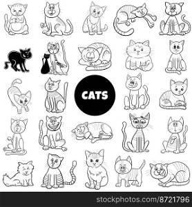 Black and white cartoon illustration of cats and kittens animal characters big set
