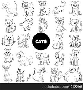 Black and White Cartoon Illustration of Cats and Kittens Animal Characters Large Set Coloring Book Page