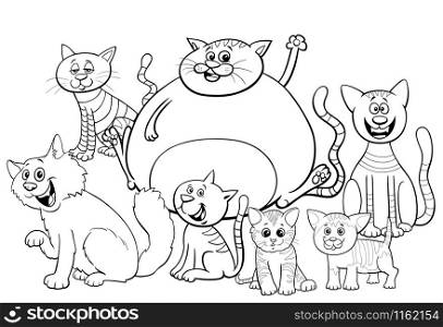 Black and White Cartoon Illustration of Cats and Kittens Comic Animal Characters Group Coloring Book Page