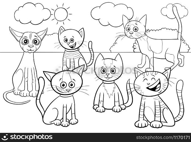 Black and White Cartoon Illustration of Cats and Kittens Comic Animal Characters Group in the Park Coloring Book Page