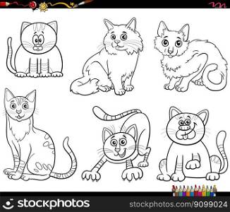 Black and white cartoon illustration of cats and kittens comic animal characters set coloring page