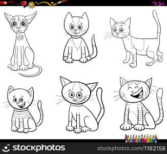 Black and White Cartoon Illustration of Cats and Kittens Pet Animal Characters Set Coloring Book Page