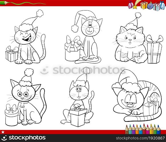 Black and white cartoon illustration of cats animal characters on Christmas Time set coloring book page