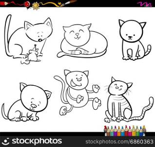 Black and White Cartoon Illustration of Cats Animal Characters Set Coloring Book