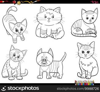 Black and white cartoon illustration of cats comic characters set coloring book page