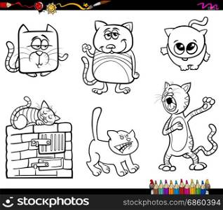 Black and White Cartoon Illustration of Cats or Kittens Animal Characters Set Coloring Book