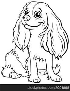 Black and white cartoon illustration of Cavalier King Charles Spaniel purebred dog animal character coloring book page