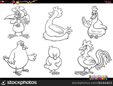 Black and white cartoon illustration of chicken birds farm animal characters set coloring page
