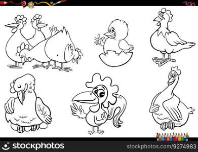 Black and white cartoon illustration of chicken farm animal characters set coloring page