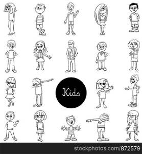 Black and White Cartoon Illustration of Children and Teens Characters Large Set