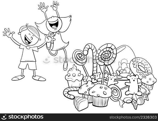 Black and white cartoon illustration of children characters and a pile of sweets coloring book page