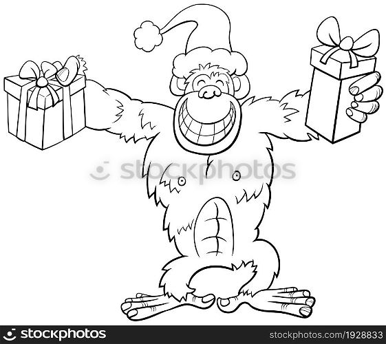 Black and white cartoon illustration of chimpanzee animal character with present on Christmas time coloring book page