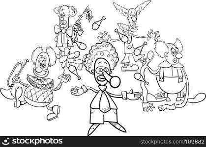Black and White Cartoon Illustration of Circus Clowns Characters Group Coloring Book