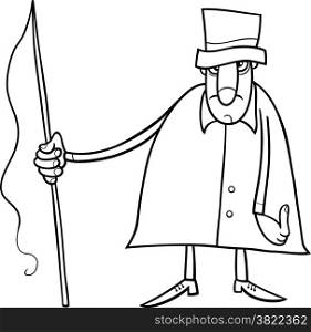 Black and White Cartoon illustration of Coachman or Carter with Whip for Coloring Book
