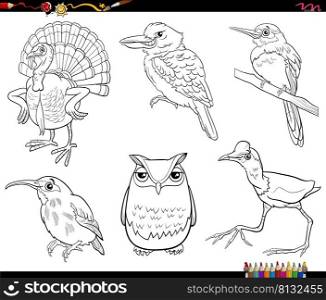 Black and white cartoon illustration of comic birds animal species characters set coloring page