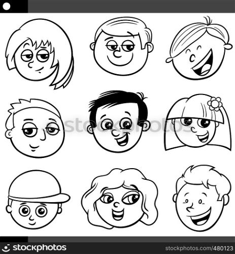 Black and White Cartoon Illustration of Comic Children or Teens Characters Faces Set