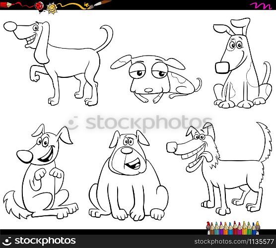 Black and White Cartoon Illustration of Comic Dogs and Puppies Pet Animal Characters Collection Set Coloring Book Page