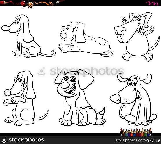 Black and White Cartoon Illustration of Comic Dogs Animal Characters Set Coloring Book Page