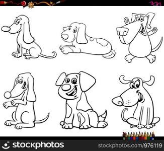 Black and White Cartoon Illustration of Comic Dogs Animal Characters Set Coloring Book Page