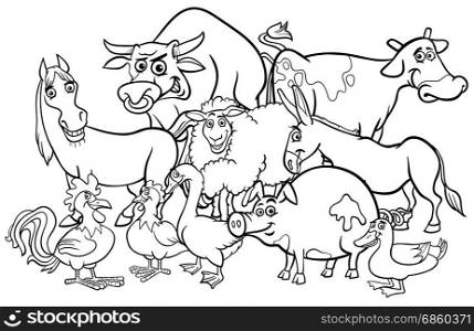 Black and White Cartoon Illustration of Comic Farm Animal Characters Group Group Coloring Book
