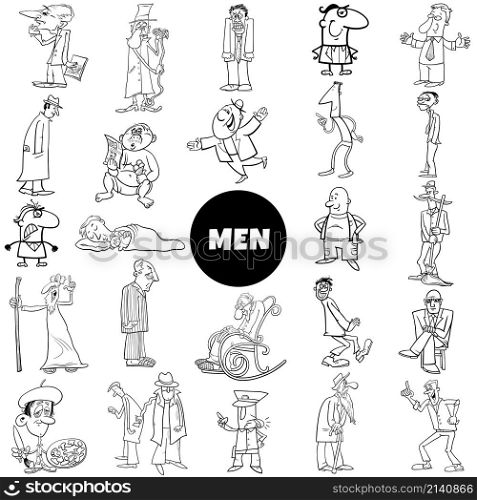 Black and white cartoon illustration of comic men characters big collection coloring page