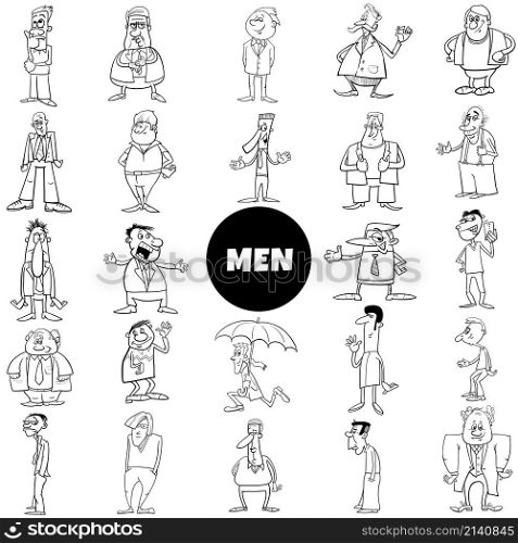 Black and white cartoon illustration of comic men characters big set coloring page