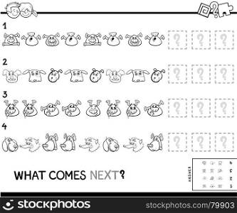 Black and White Cartoon Illustration of Completing the Pattern Educational Activity Game for Preschool Children with Dogs Animal Characters Coloring Book