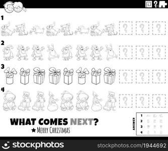 Black and white cartoon illustration of completing the pattern educational game for children with Christmas holiday characters coloring book page