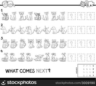 Black and White Cartoon Illustration of Completing the Pattern Educational Game for Preschool Children with Pets Animal Characters Coloring Book